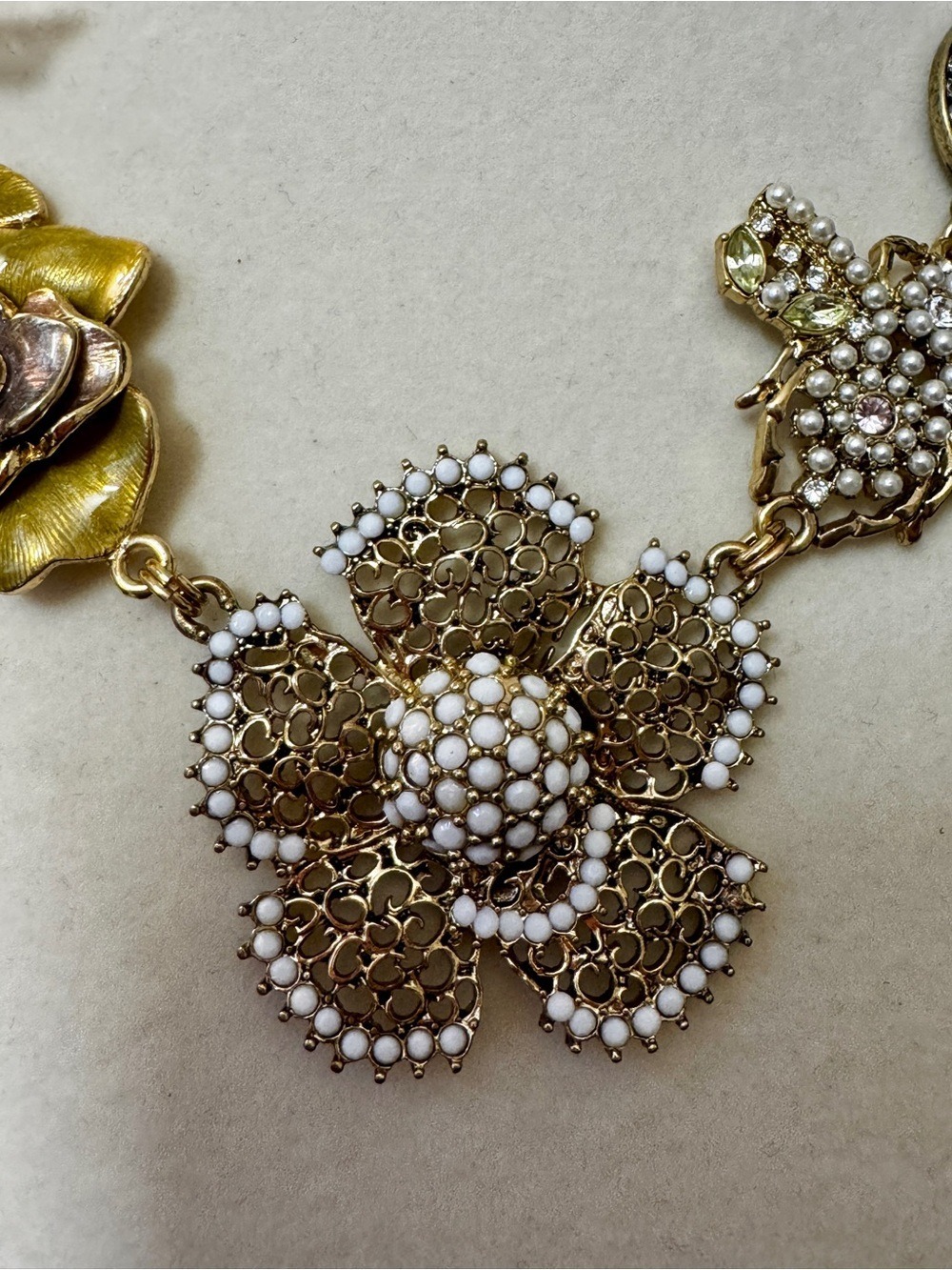 Gold-Tone Floral Statement Necklace with White and Peach Accents - Picture 2 of 6